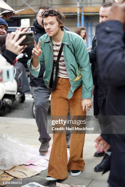 Harry Styles leaving BBC Radio 2 on February 14, 2020 in London, England.