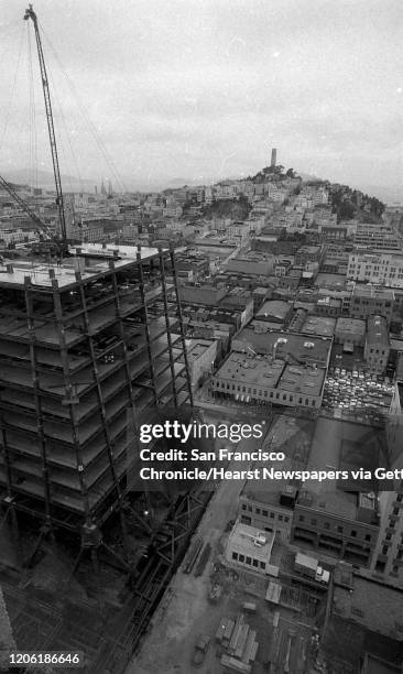 Construction progresses at the Transamerica Pyramid Building ;Photos shot