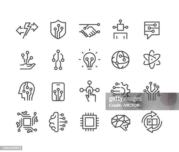 artificial intelligence icons set - classic line series - hand cog stock illustrations