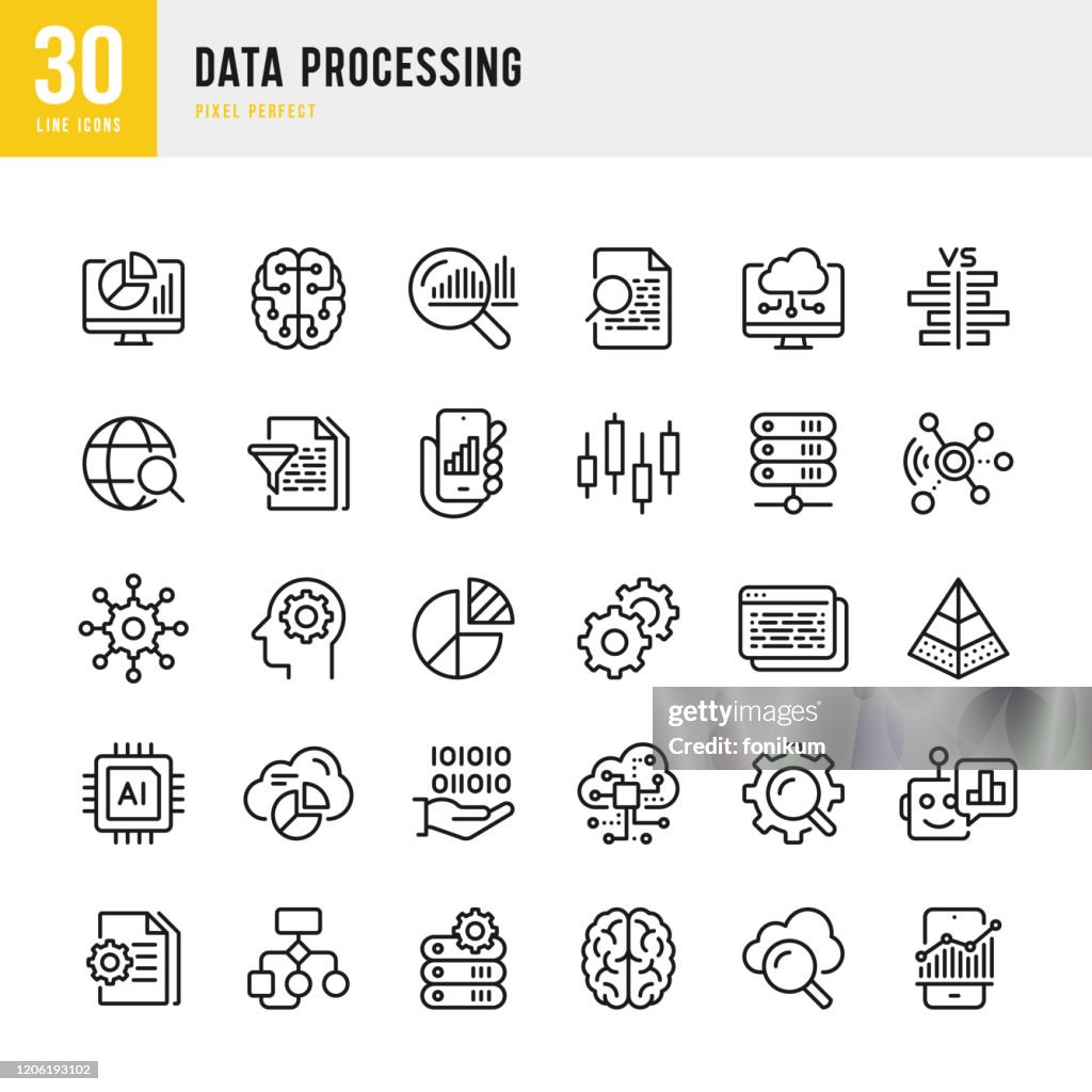 Procesamiento de datos - conjunto de iconos vectoriales de línea delgada. Píxel perfecto. Set contiene iconos como Datos, Infografía, Big Data, Cloud Computing, Inteligencia Artificial, Cerebro, Machine Learning, Sistema de Seguridad.