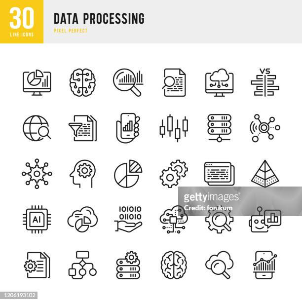 data processing - thin line vector icon set. pixel perfect. set contains such icons as data, infographic, big data, cloud computing, artificial intelligence, brain, machine learning, security system. - digital stock illustrations