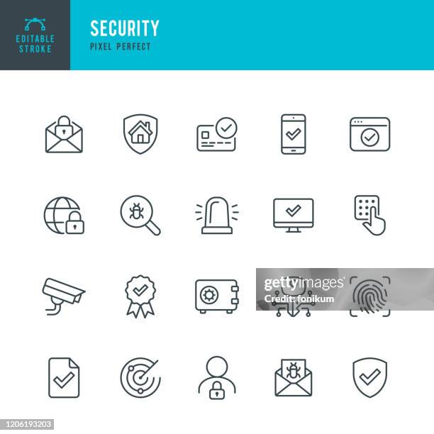 stockillustraties, clipart, cartoons en iconen met beveiliging - thin line vector icon set. pixel perfect. bewerkbare lijn. de set bevat pictogrammen: beveiliging, vingerafdruk, digitale sleutel, alarm, spam, beveiligingscamera, scannen, home security, internet security. - bewakingscamera