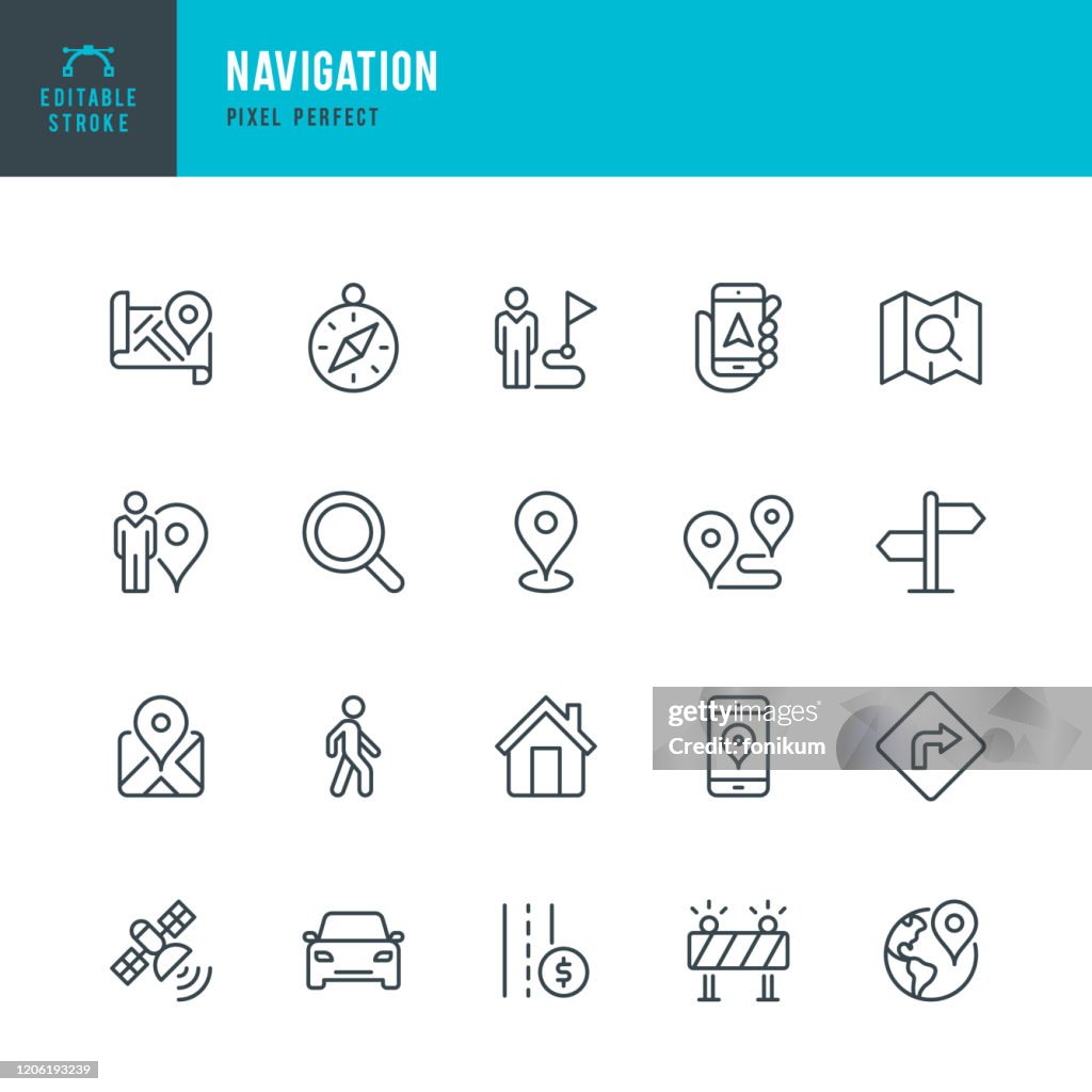 Navegación - conjunto de iconos vectoriales de línea delgada. Píxel perfecto. Trazo editable. El conjunto contiene iconos: GPS, brújula de navegación, marcador de distancia, coche, caminar, teléfono móvil, mapa, señal de carretera.