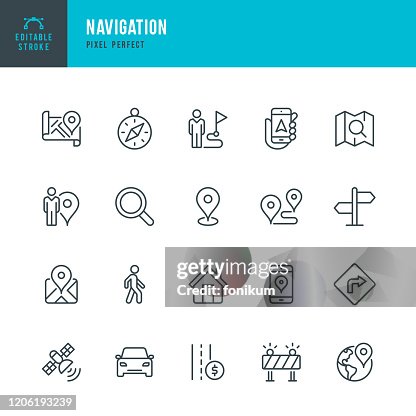 Navegación - conjunto de iconos vectoriales de línea delgada. Píxel perfecto. Trazo editable. El conjunto contiene iconos: GPS, brújula de navegación, marcador de distancia, coche, caminar, teléfono móvil, mapa, señal de carretera. Navegación - conjunto de iconos vectoriales de línea delgada. Píxel perfecto. Trazo editable. El conjunto contiene iconos: GPS, brújula de navegación, marcador de distancia, coche, caminar, teléfono móvil, mapa, señal de carretera.