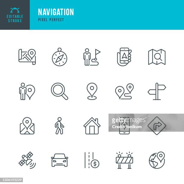 navigation - thin line vector icon set. pixel perfect. editable stroke. the set contains icons: gps, navigational compass, distance marker, car, walking, mobile phone, map, road sign. - travel destinations stock illustrations