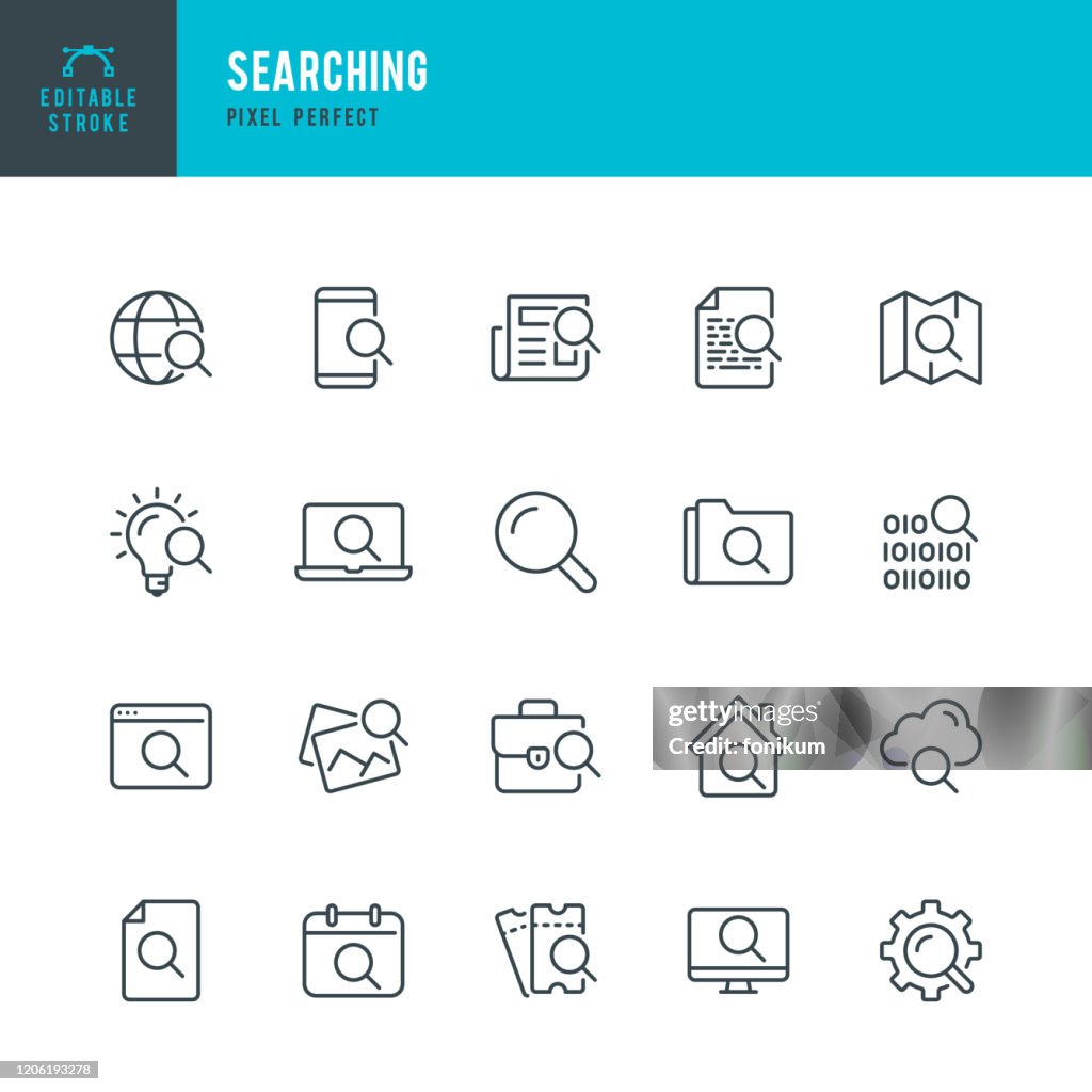 Sökning - tunn linje vektor ikon uppsättning. Pixel perfekt. Redigerbar stroke. Uppsättningen innehåller ikoner: Förstoringsglas, Big Data Analizing, Document Searching, Idésökning, Molnsökning, Internetsökning.