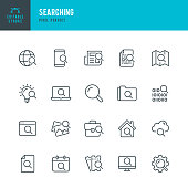 Searching - thin line vector icon set. Pixel perfect. Editable stroke. The set contains icons:  Magnifier, Big Data Analizing, Document Searching, Idea Search, Cloud Search, Internet Search.
