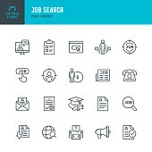 Job Search - thin line vector icon set. Pixel perfect. Editable stroke. The set contains icons: Job Search, Job Listing, Job Interview, Diploma, Education, Application Form, Web Page, Resume, Wages.