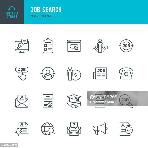 job search - thin line vector icon set. pixel perfect. editable stroke. the set contains icons: job search, job listing, job interview, diploma, education, application form, web page, resume, wages. - customer engagement icon stock illustrations