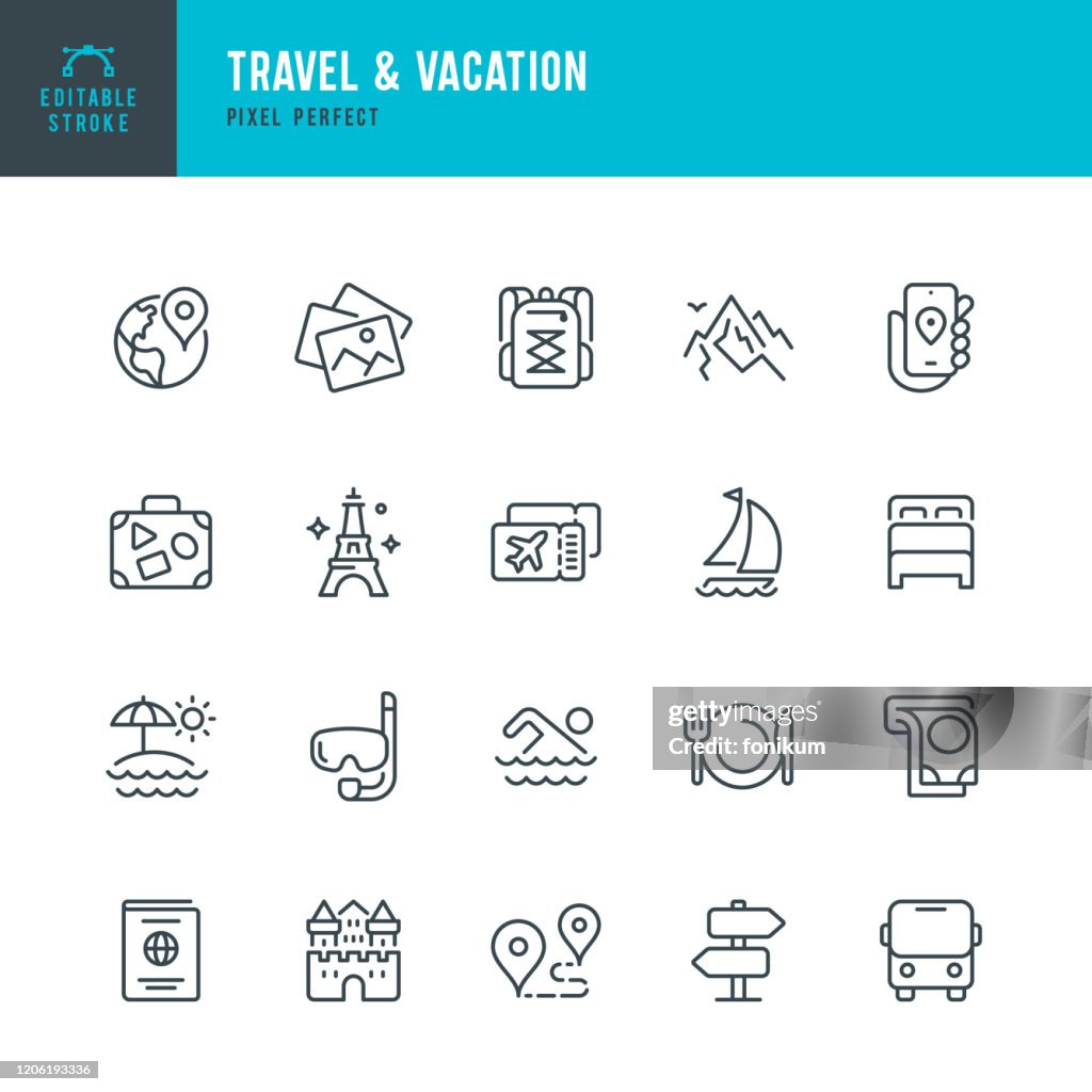 Travel - thin line vector icon set. Editable stroke. Pixel perfect. The set contains icons: Tourism, Travel, Vacations, Beach, Mountains, Eiffel Tower, Passport, Navigation, Mountain, Swimming, Diving, Airplane Ticket.