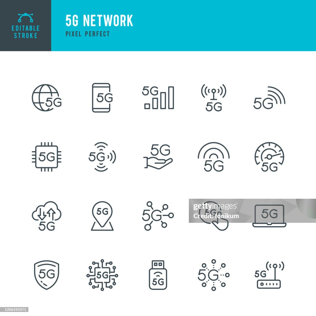 5G Network - thin line vector icon set. Pixel perfect. Editable stroke. The set contains icons: 5G Technology, Computer Chip, Laptop, Connection 5G, Mobile Phone, 5G Network, 5G Antenna.