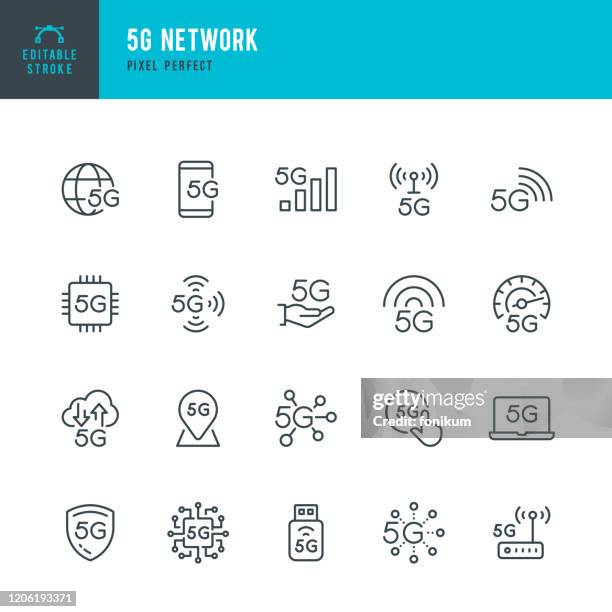 5g network - thin line vector icon set. pixel perfect. editable stroke. the set contains icons: 5g technology, computer chip, laptop, connection 5g, mobile phone, 5g network, 5g antenna. - phone line icon stock illustrations