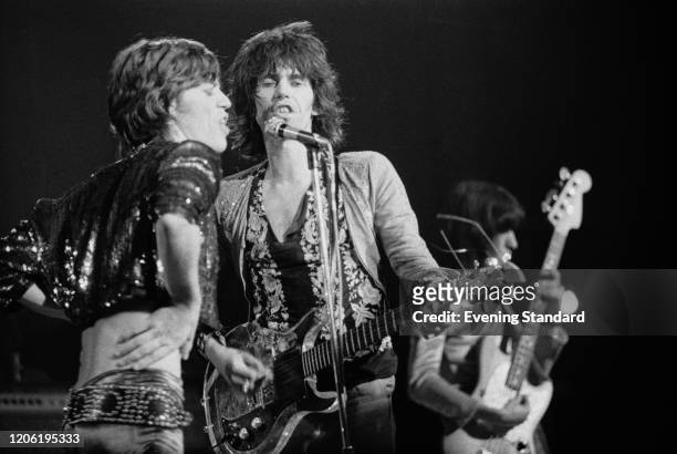 Mick Jagger, Keith Richards and Bill Wyman of the Rolling Stones perform live on stage at The Roundhouse in London on 14th March 1971. Keith Richards...