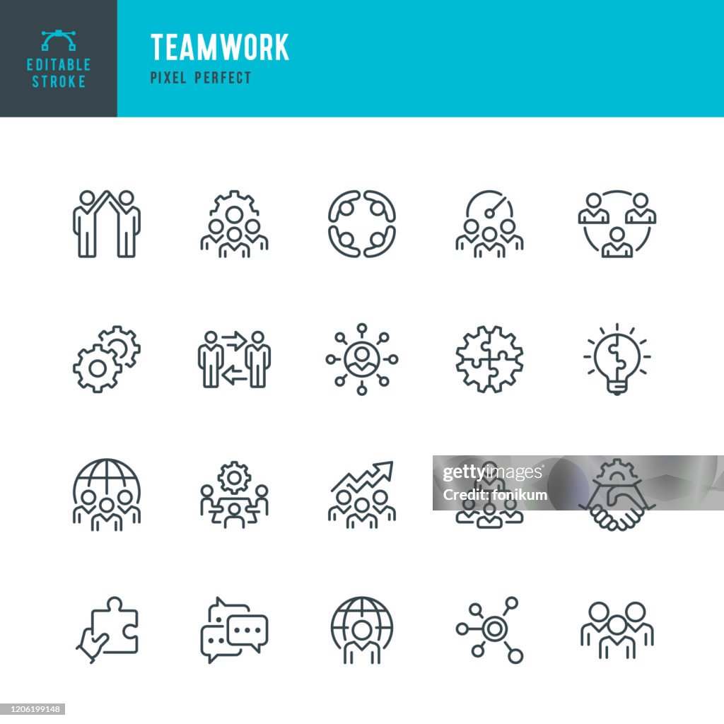Teamwork - Dünnlinien-Vektor-Symbol-Set. Pixel perfekt. Bearbeitbarer Strich. Das Set enthält Symbole: Teamwork, Partnerschaft, Zusammenarbeit, Gruppe von Menschen, Corporate Business, Community, Brainstorming, Mitarbeiter, Idee.