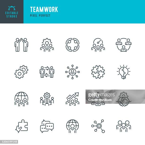 teamwork - dünnlinien-vektor-symbol-set. pixel perfekt. bearbeitbarer strich. das set enthält symbole: teamwork, partnerschaft, zusammenarbeit, gruppe von menschen, corporate business, community, brainstorming, mitarbeiter, idee. - team stock-grafiken, -clipart, -cartoons und -symbole