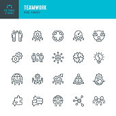 Teamwork - thin line vector icon set. Pixel perfect. Editable stroke. The set contains icons: Teamwork, Partnership, Cooperation, Group Of People, Corporate Business, Community, Brainstorming, Employee, Idea.