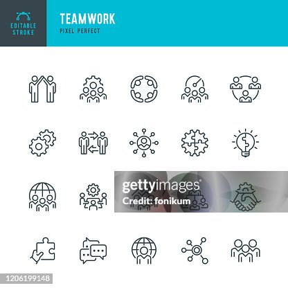 Teamwork - thin line vector icon set. Pixel perfect. Editable stroke. The set contains icons: Teamwork, Partnership, Cooperation, Group Of People, Corporate Business, Community, Brainstorming, Employee, Idea. Teamwork - thin line vector icon set. Pixel perfect. Editable stroke. The set contains icons: Teamwork, Partnership, Cooperation, Group Of People, Corporate Business, Community, Brainstorming, Employee, Idea.