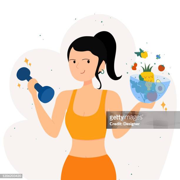 healthy woman with vegetables and dumbbells promoting a healthy lifestyle - healthy eating stock illustrations