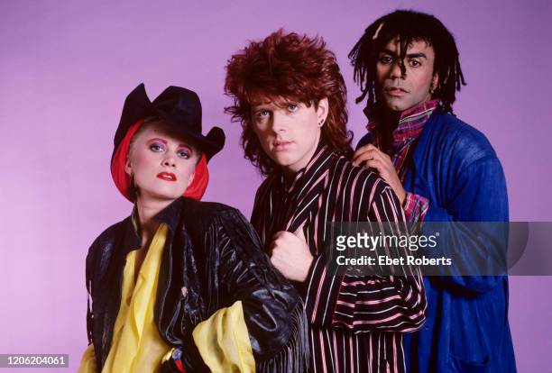 The Thompson Twins in New York City on July 15, 1985. L-R Alannah Currie, Tom Bailey and Joe Leeway.