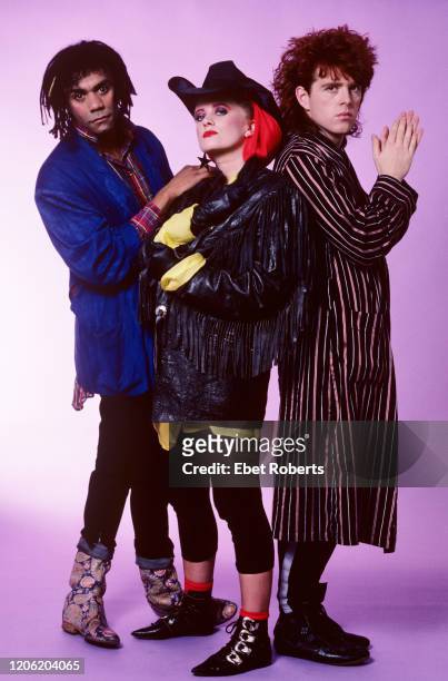 The Thompson Twins in New York City on July 15, 1985. L-R Joe Leeway, Alannah Currie and Tom Bailey.
