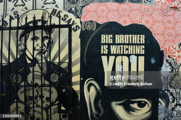 Mural painting illustrating "Big Brother" in Los Angeles on July 10, 2016 in Los Angeles, California, United States.
