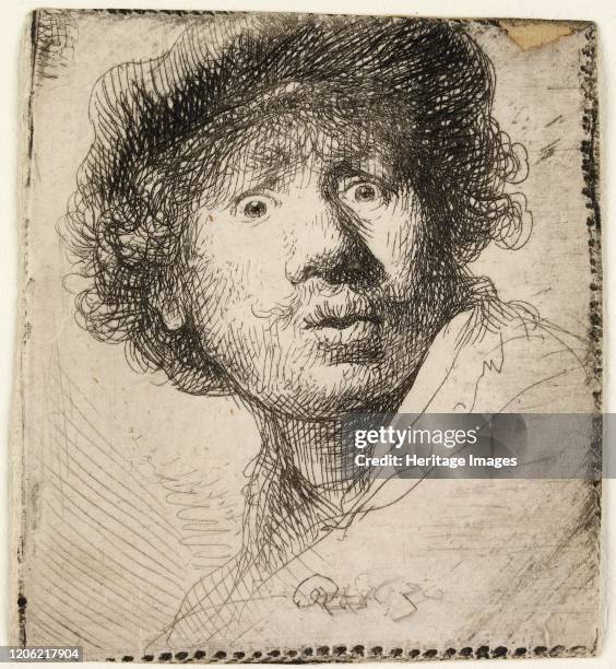 Self-portrait in a cap: open mouthed, 1630. Artist Rembrandt Harmensz van Rijn.