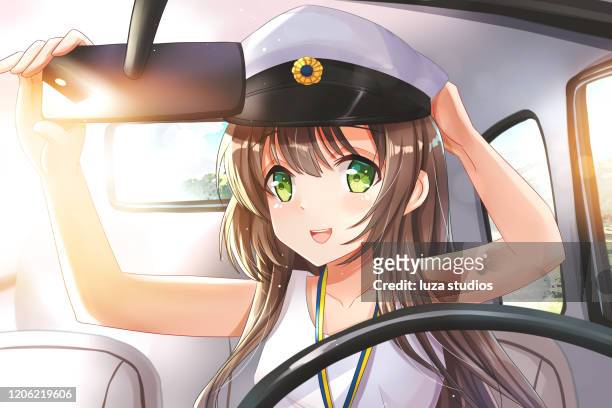 ilustraciones, imágenes clip art, dibujos animados e iconos de stock de joven preparándose para la graduación en su coche - anime