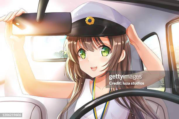 stockillustraties, clipart, cartoons en iconen met jonge vrouw die klaar voor graduatie in haar auto krijgt - mangastijl
