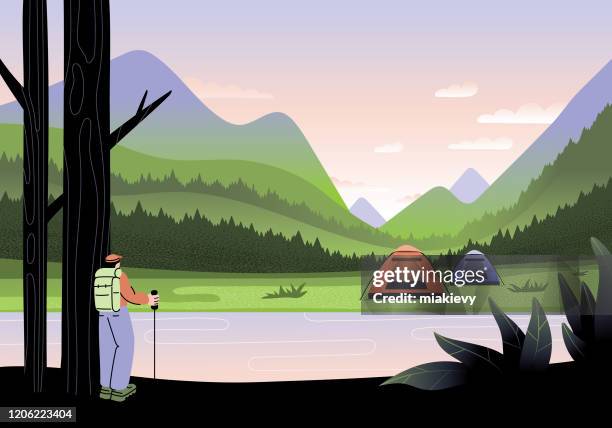 camping in den bergen - tal stock-grafiken, -clipart, -cartoons und -symbole