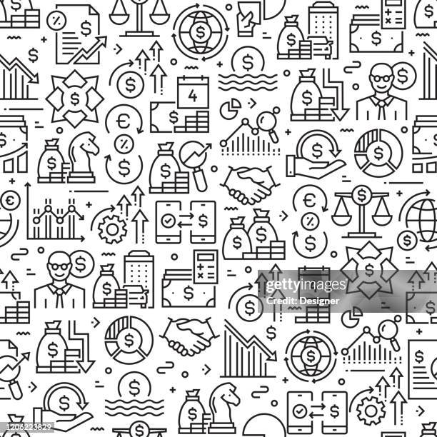 economy and finance seamless pattern and background with line icons - accounting background stock illustrations