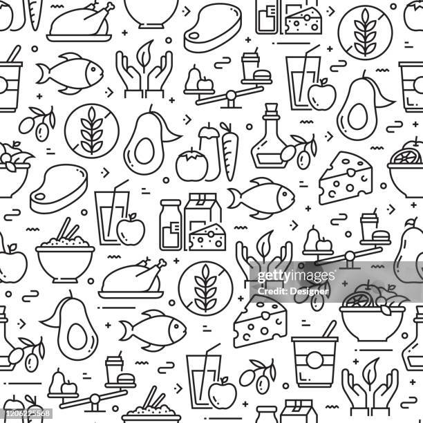 ilustrações de stock, clip art, desenhos animados e ícones de healthy food concept seamless pattern and background with line icons - amendoas
