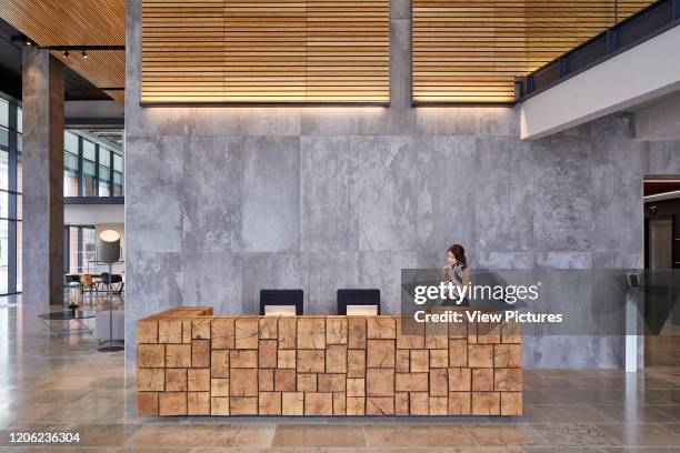 Front elevation of reception desk. Thames Tower, Reading, United Kingdom. Architect: dn-a architects, 2017.