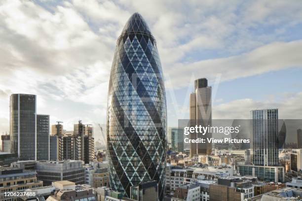 Tower 42, Cityscape City View, Europe, United Kingdom, Richard Seifert. London skyline from Houndsditch showing Foster and Partners Swiss Re St Mary...