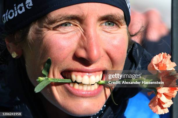 Susan Dunklee of USA celebrates winning the 2nd place after the Women 7.5 km Sprint Competition at the IBU World Championships Biathlon...