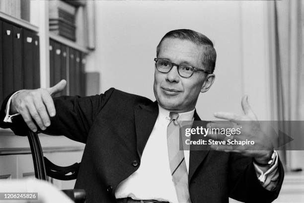 American businessman and Ohio University President Vernon Alden gestures as he speaks, 1965.