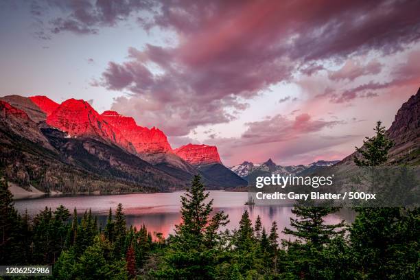 wild goose island and st mary lake at sunset, glacier national park, montana, usa - mary moody stockfoto's en -beelden