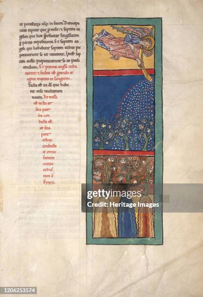 Leaf from a Beatus Manuscript: the First Angel Sounds the Trumpet; Fire, Hail-stones, and Blood are Cast Upon the Earth, circa 1180. Recorded by...