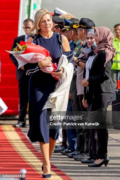 King Willem-Alexander of The Netherlands and Queen Maxima of The Netherlands arrive at the airport on March 9, 2020 in Jakarta, Indonesia. The Dutch...