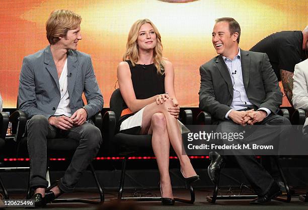 Actors Gabriel Mann, Emily VanCamp and Creator/Executive Producer Mike Kelley of the television show "Revenge" speak during the Disney ABC Television...