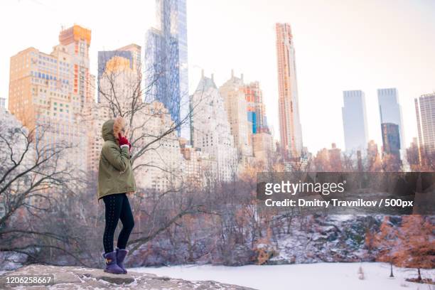 woman in central park in winter, manhattan, new york city, new york, usa - central park winter ストックフォトと画像