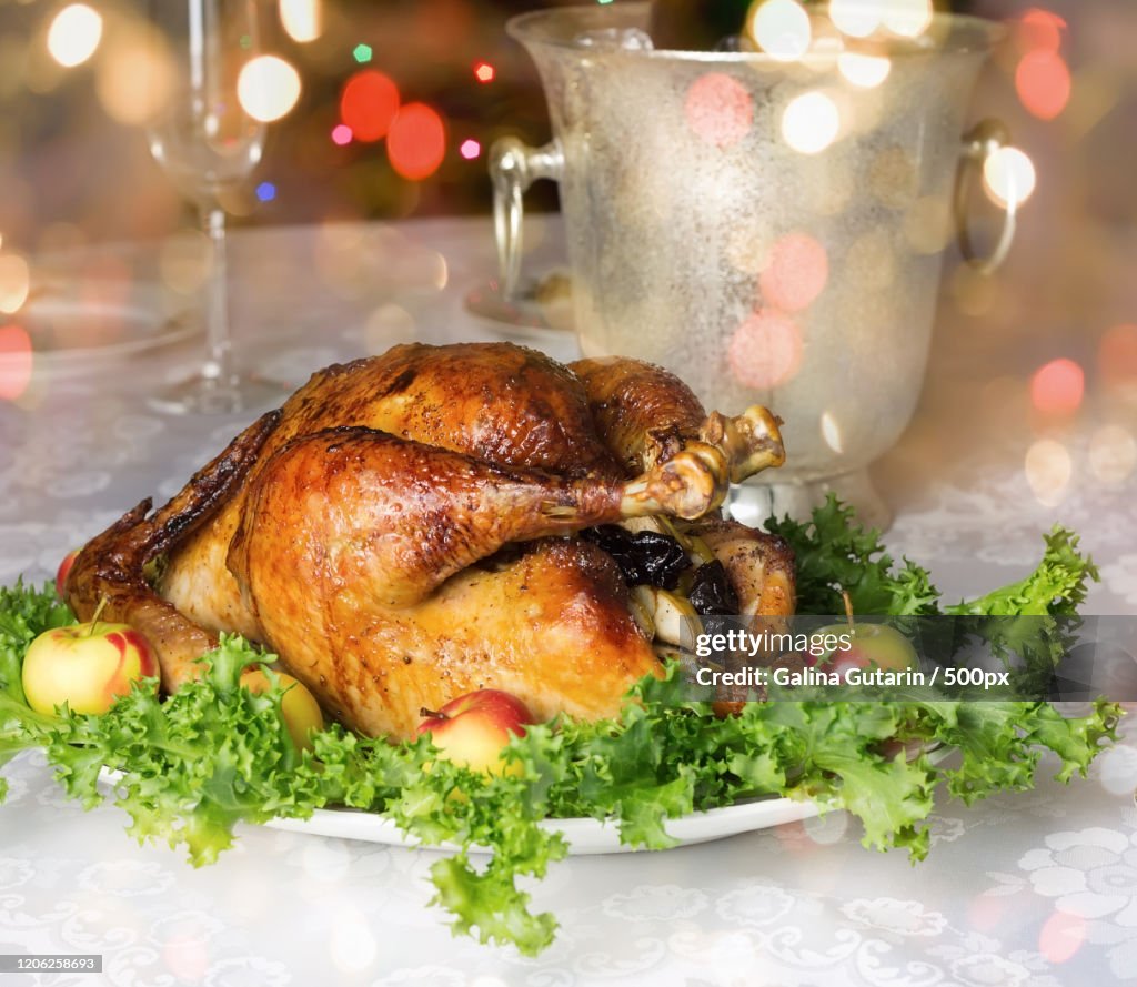 Christmas table with roast capon, San Jose, USA