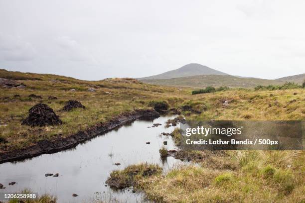 turf harvest in bog, kanturk, republic of ireland - bog stock pictures, royalty-free photos & images