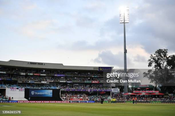 General view as play is delayed due to an error with the big screen inside the stadium during the Second T20 International match between England and...