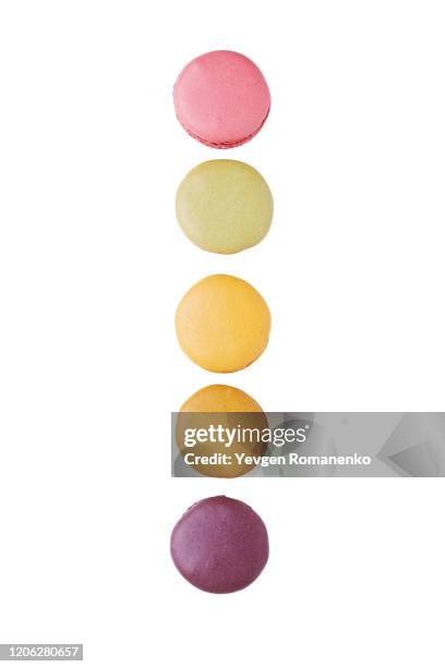 macaroon desserts in a row isolated on white background - macaroon stock pictures, royalty-free photos & images