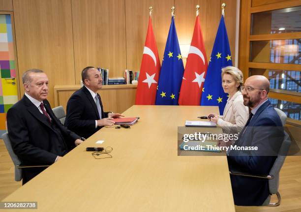 President of Turkey Recep Tayyip Erdogan, the Turkish Minister of Foreign Affairs Mevlut Cavuoglu, President of the European Commission Ursula von...