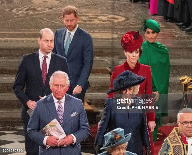 Britain's Prince William, Duke of Cambridge , Britain's Prince Charles, Prince of Wales , Britain's Prince Harry, Duke of Sussex , Britain's Camilla,...