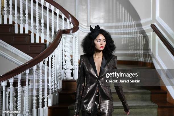 Model walks the runway at ROSSI TUXEDO, New York Fashion Week, Fall 2020 Collection at Consulate of Argentina on February 11, 2020 in New York City.