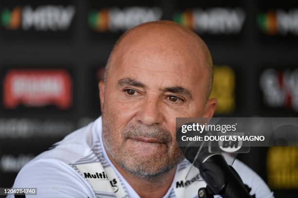 Brazilian football team Atletico Mineiro's new coach, Argentine Jorge Sampaoli, gestures during a press conference on his presentation at the club's...