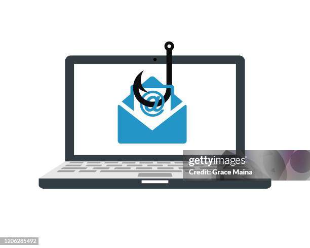 ilustrações de stock, clip art, desenhos animados e ícones de laptop computer with a fishing hook phishing for private identity information and personal financial data vector illustration - validation