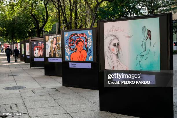 View of the street painting exhibition during the Women National Strike called 'A Day Without Us' in Mexico City, on March 9, 2020. - Feminist...